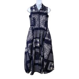 ISAAC MIZRAHI Navy Blue White Multi Print Sleeveless A-line Maxi Summer Dress XS